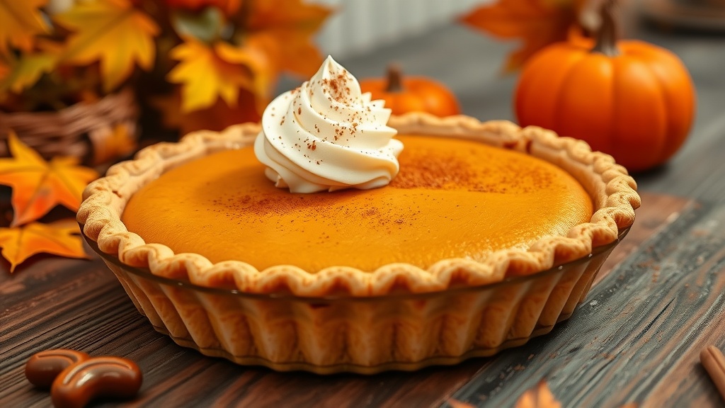 A golden pumpkin pie with a slice removed, topped with whipped cream, on a wooden table.